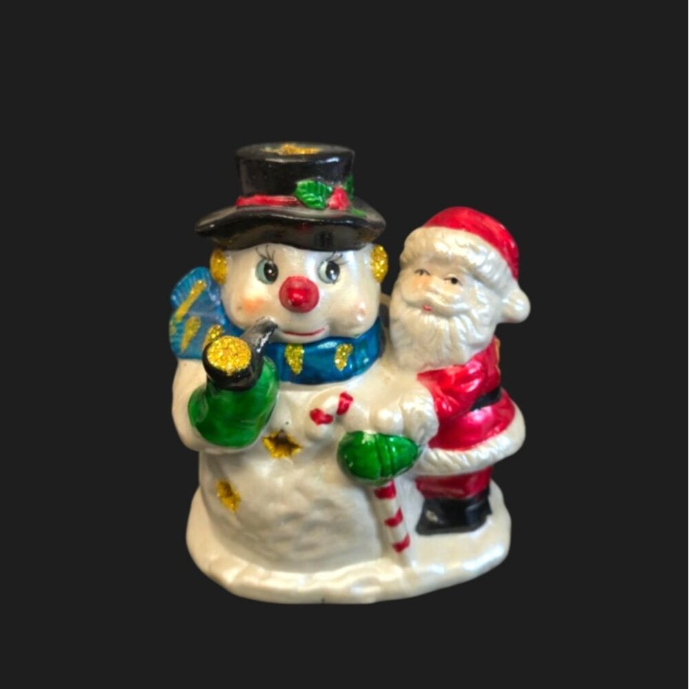 Retro Santa & snowman tea light candle holder iridescent nostalgic Christmas